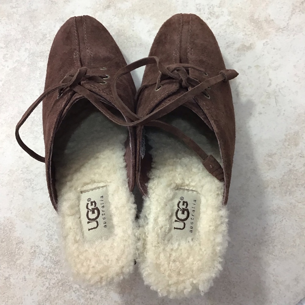 UGG Australia brown suede sheepskin Molly tie string slip on mules / heels.